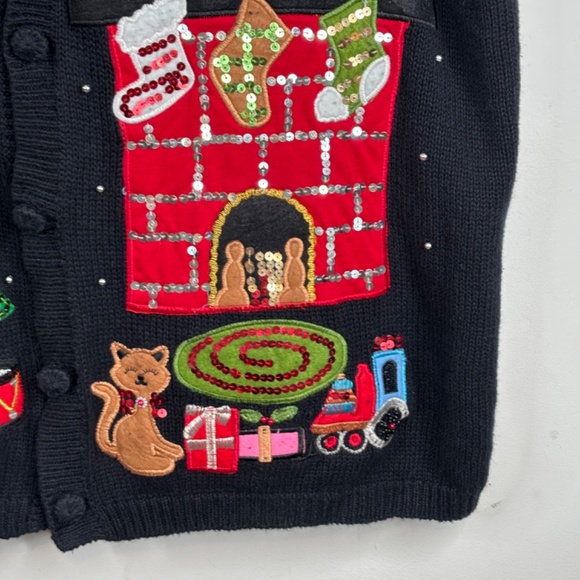 Basic Editions Christmas Sweater Vest 2x Button Down Cat Embroidery Beaded Ugly - Picture 3 of 10